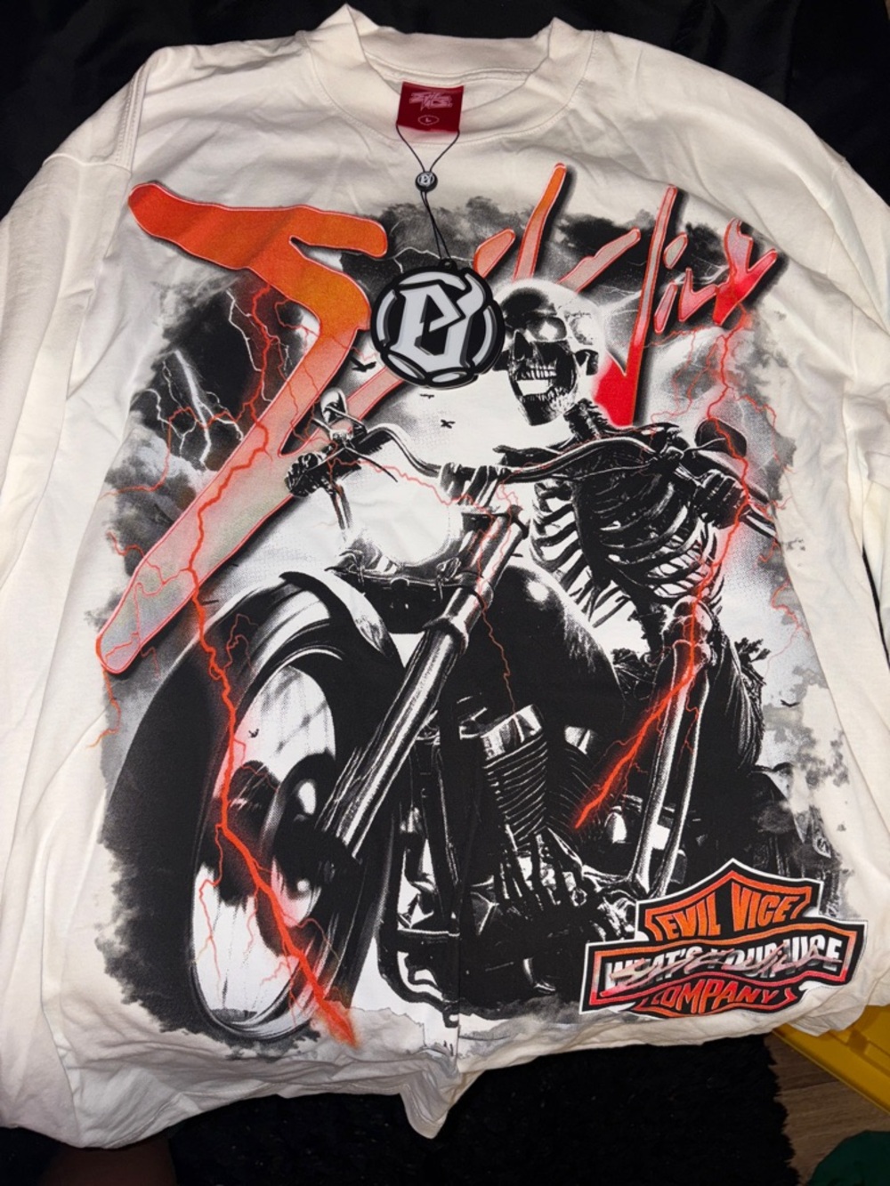 Skeleton Motorcycle Graphic Long Sleeve Tee - White with Orange & Black